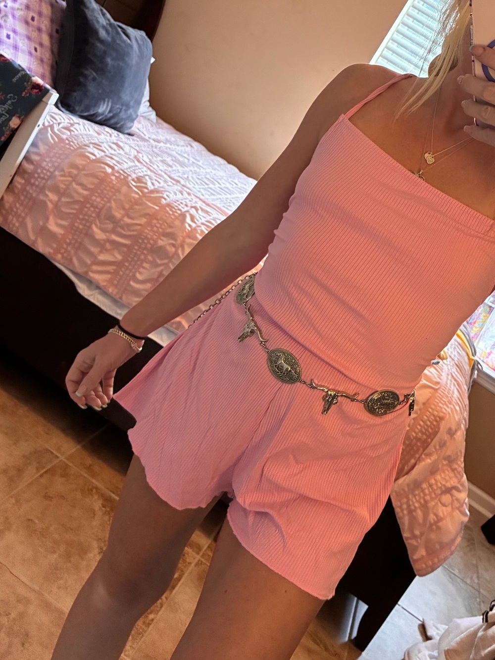 Pink Ribbed Lace-Up Open-Back Romper - Picture 3 of 6